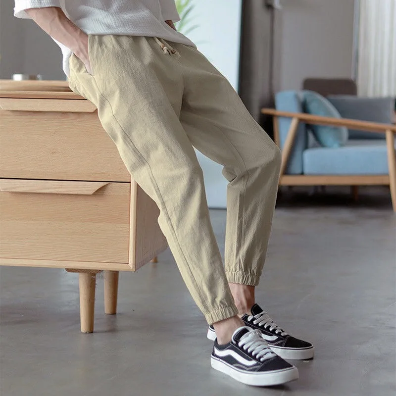 Cotton Linen Joggers Black Men's Harem 