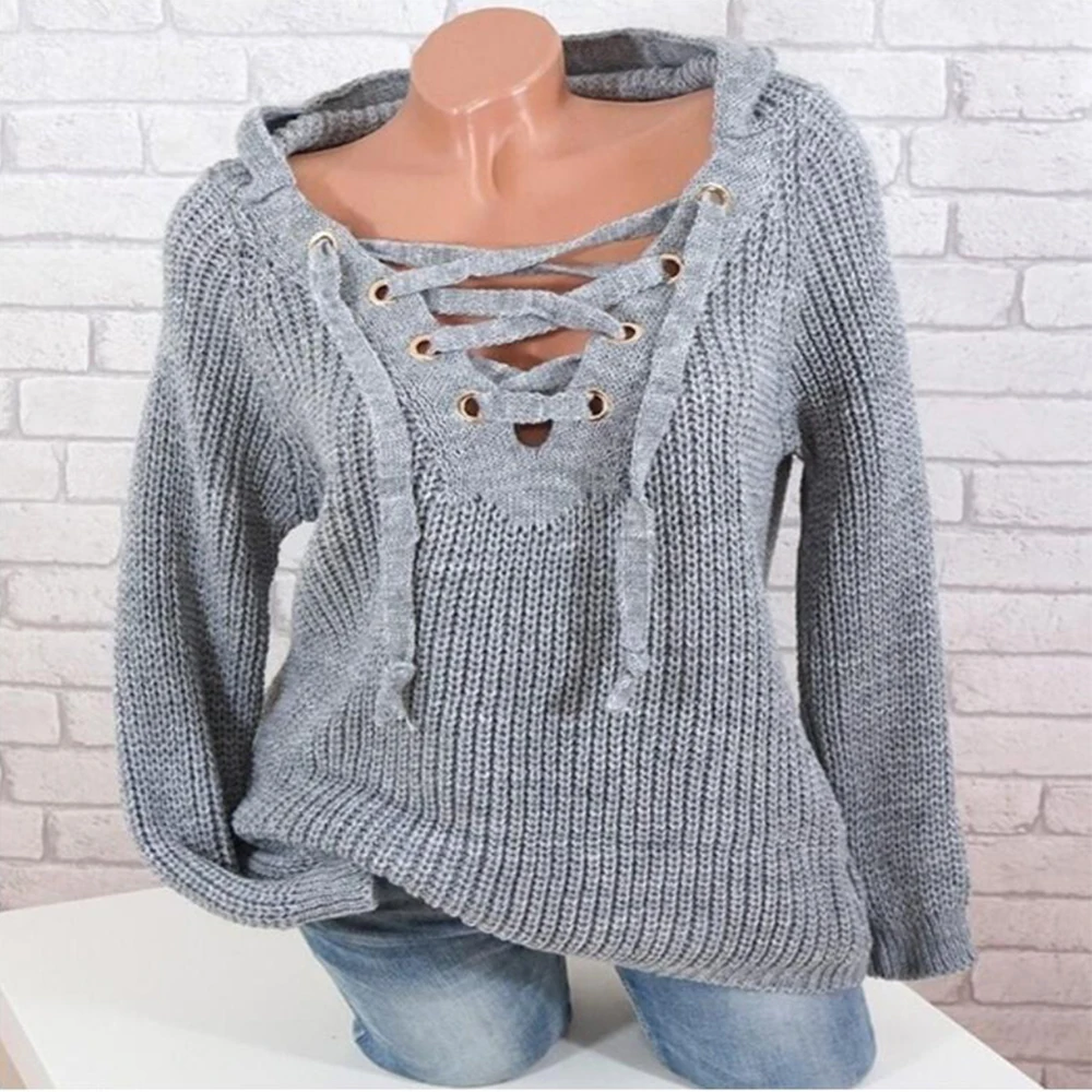 

LASPERAL Women V Neck Knitted Lace -Up Sweater Bandage Cross Ties Pullover Loose Casual Long Knitwear Jumper Top Sweter Mujer