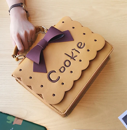Kawaii Girl Cookie Priting Brown Flap Messenger Bag Bow Lolita Style Pink Handbag Joker Leisure Sweet Scrub PU Shoulder Bag09