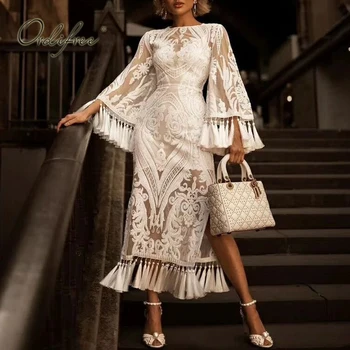 

Ordifree 2019 Summer Women White Long Party Dress Sexy Transparent Sequin Tassel Embroidery Mesh Long Runway Dress