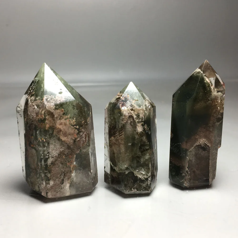 

119g 3pcs Natural Phantom Green Red Ghost QUARTZ Crystal wand Point HEALING fengshui