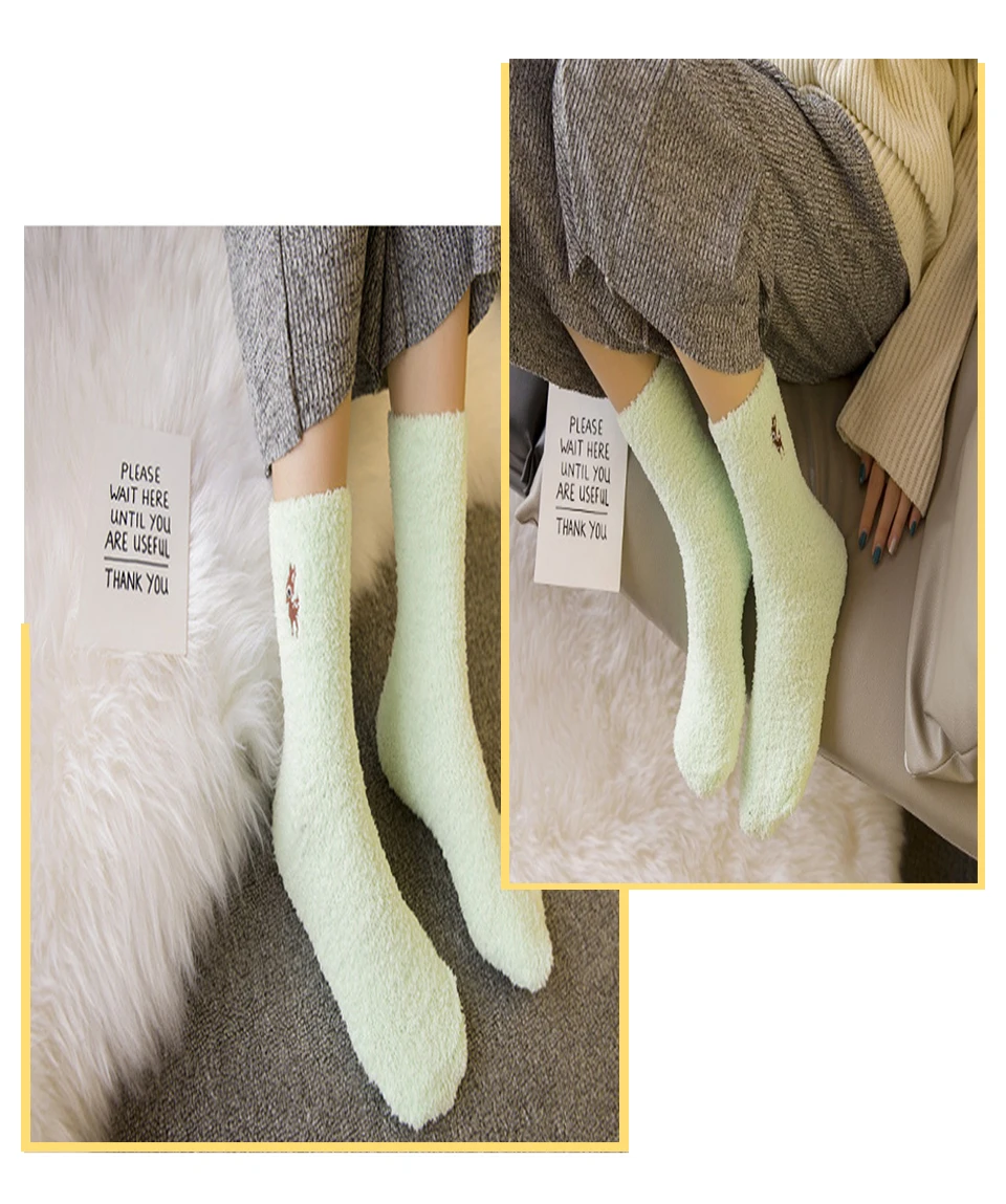 Autumn And Winter Wholesale Casual Cartoon Animal Elk Embroidery Plus Velvet Thick Coral Floor In The Tube Socks Home Ladies (2)