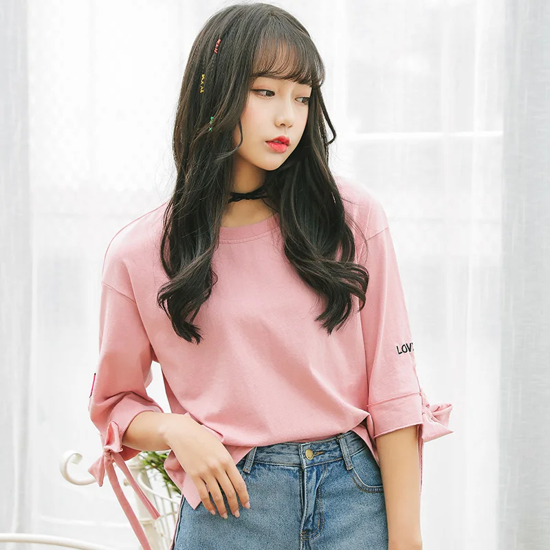 Harajuku рубашка Летняя футболка с коротким рукавом женская одежда корейская Kawaii Базовая футболка с бантом для девочки круглый вырез розовый белый топ футболки