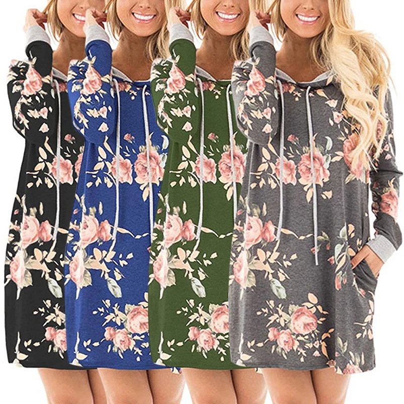 Womens Floral Hooded T-shirt Dress Ladies Long Sleeve Casual Holiday Short Dress