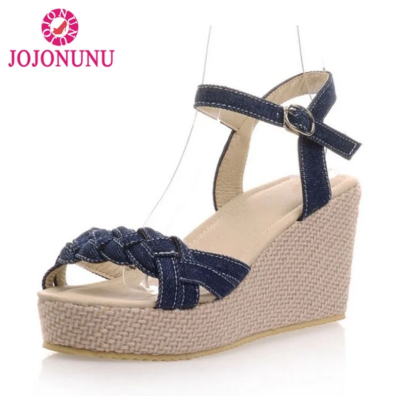 

JOJONUNU 2019 Summer New Women Wedges Sandals Buckle Solid Color High Heels Shoes Open Toe Vacation Shoes Women Size 34-39