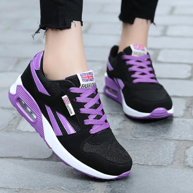 

LUONTNOR Women Sports Shoes 2018 Summer Mesh Leather Running Shoes Lace Up Ladies Shoes Woman Cushion Sneakers Purple Six Colors