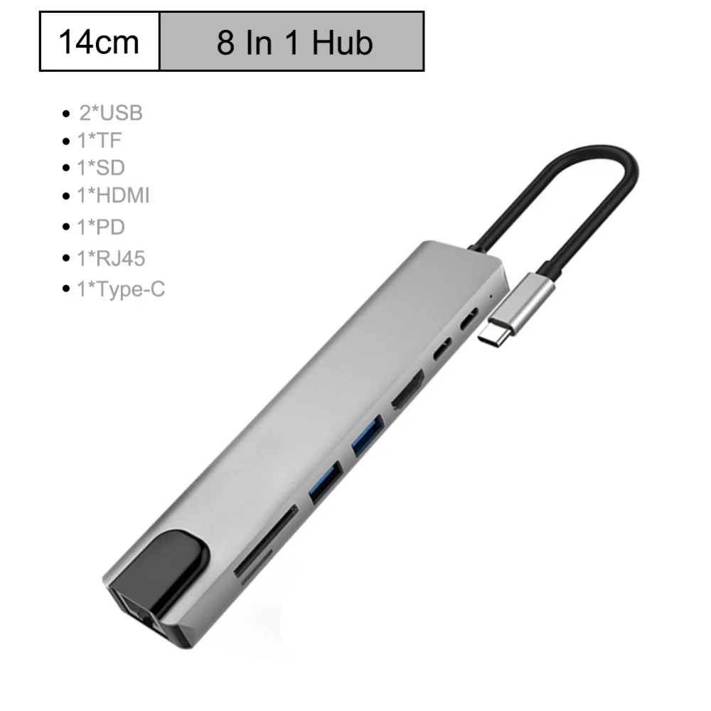 8-в-1 Тип C концентратор USB кабель-Переходник USB C на HDMI USB 3,0 Порты USB 2,0 Порты и разъёмы SD/устройство для считывания с tf-карт USB-C Мощность доставки