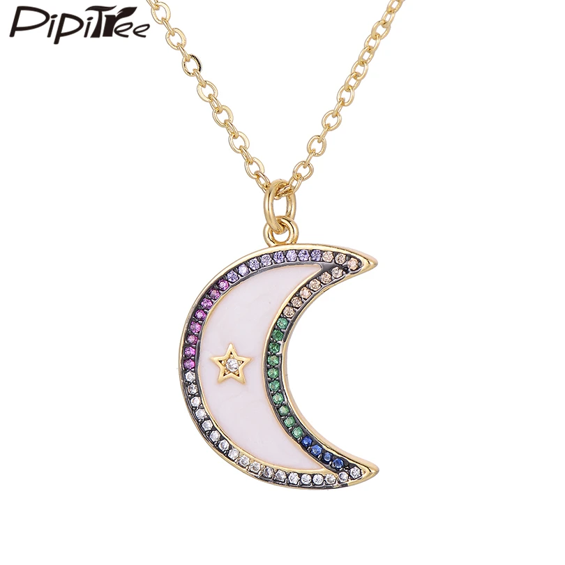 

Pipitree 2019 New Moon and Star Pendant Necklaces Multi CZ Zircon Enamel Moon Necklace for Women Lovers Jewelry Collier Femme