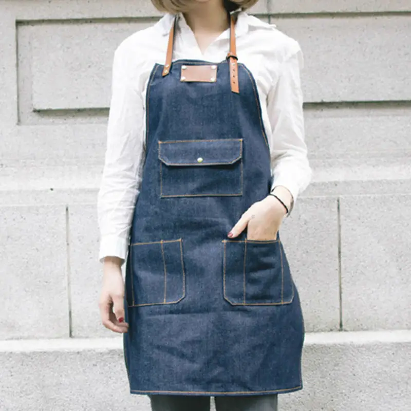 

Blue Black Denim Apron Leather Strap Hairdresser Florist Work Wear Waitress Barista Bar Bakery Cafe Chef Catering Uniform K1G