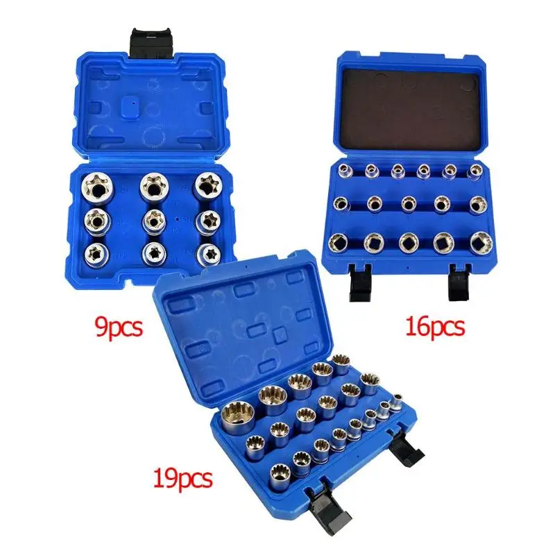 

9pcs 16pcs 19pcs Chromium Vanadium Steel 12 Angle Gear Lock Sleeve Bit E Socket Set Manufacturing For Auto Car Repair Tools