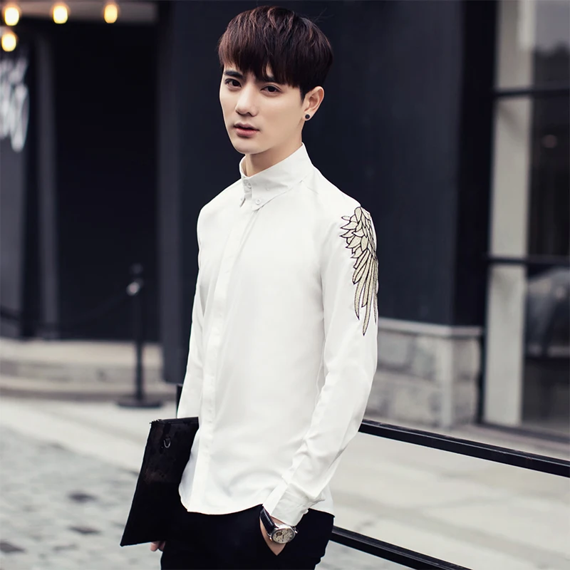 Chemise Homme, новинка, Весенняя однотонная мужская рубашка с длинным рукавом и вышивкой, корейская мода, приталенная повседневная мужская рубашка, черная, белая, 3XL-M