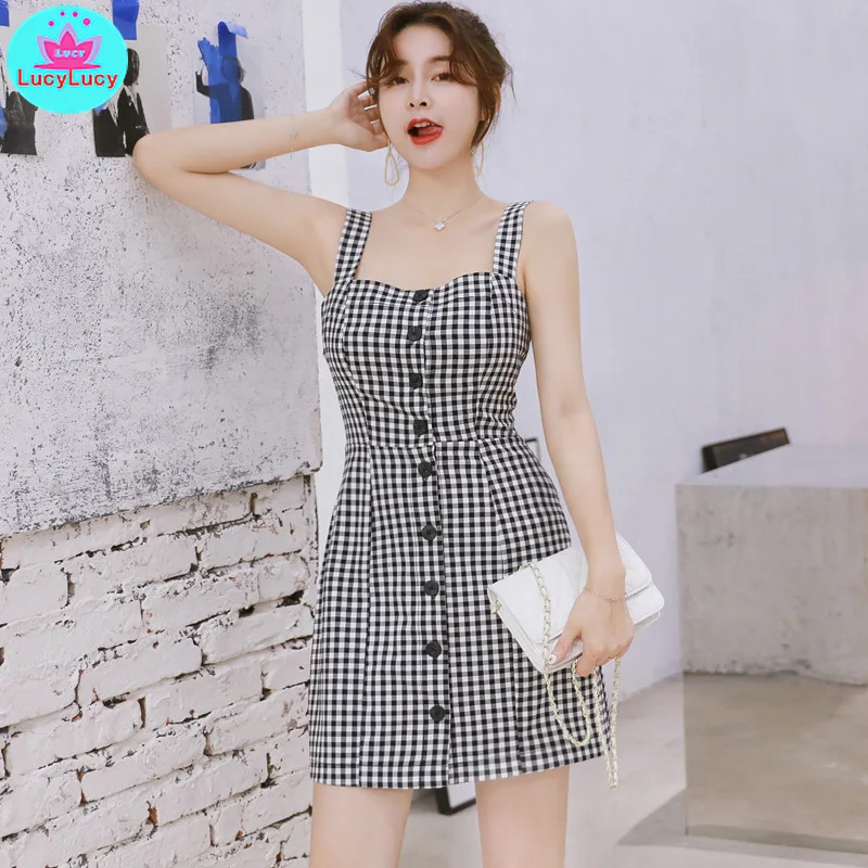 

2019 summer new women's black and white plaid sexy slim strap dress Knee-Length Spaghetti Strap Button Sleeveless