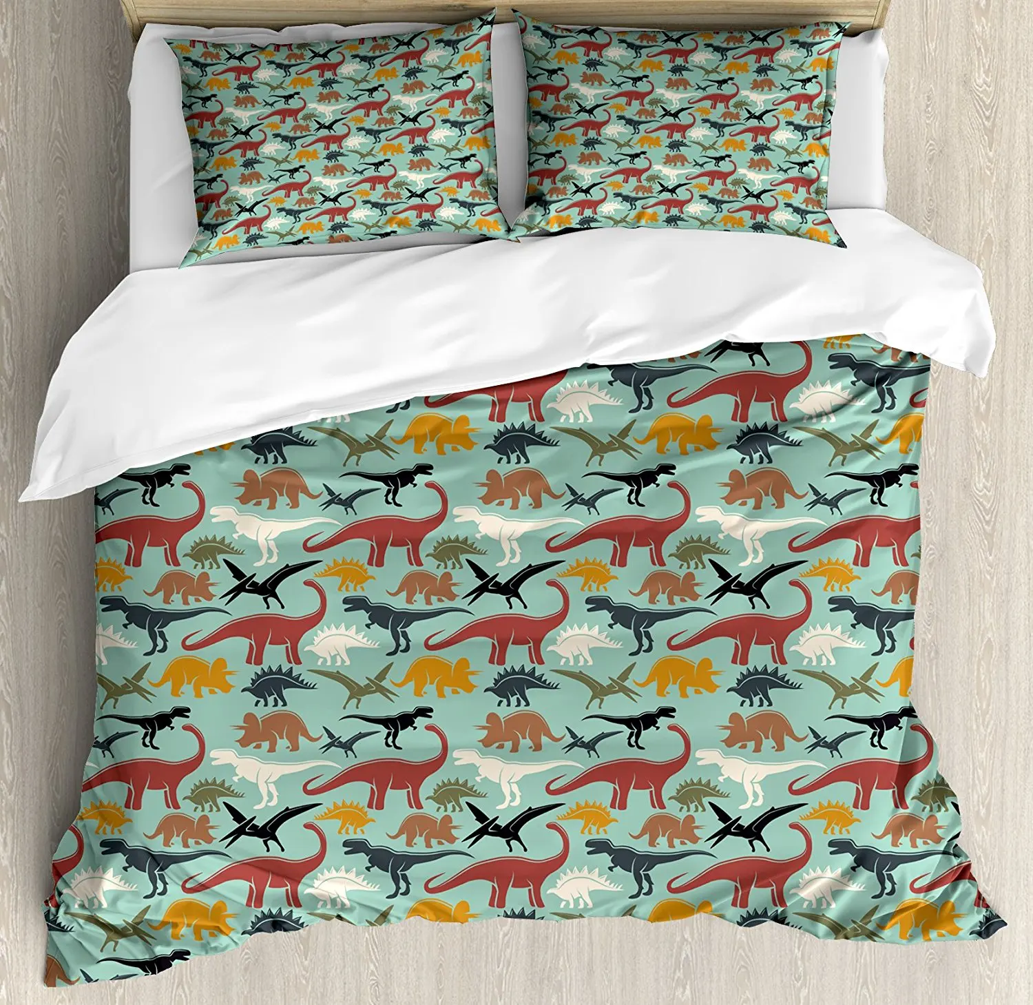 Dinosaur Duvet Cover Set Retro Colored Prehistoric Animal Silhouettes Dino Types Extinct Species 