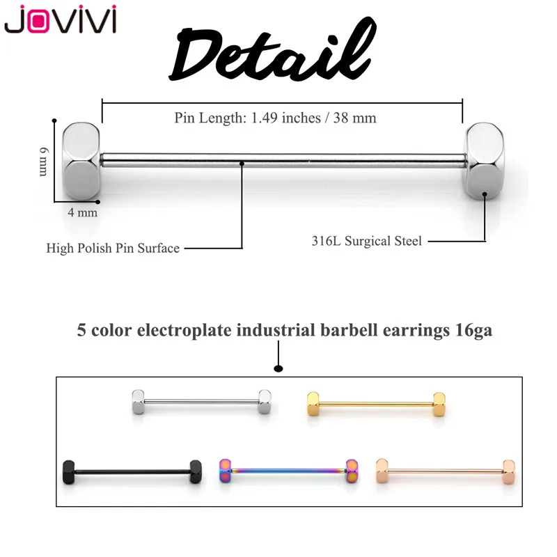 Jovivi 14 г нержавеющая сталь квадратный Топ шпильки 38 мм Длинные Промышленные ушные штанги хрящевая спираль-раковины бар серьги гвоздики пирсинг тела
