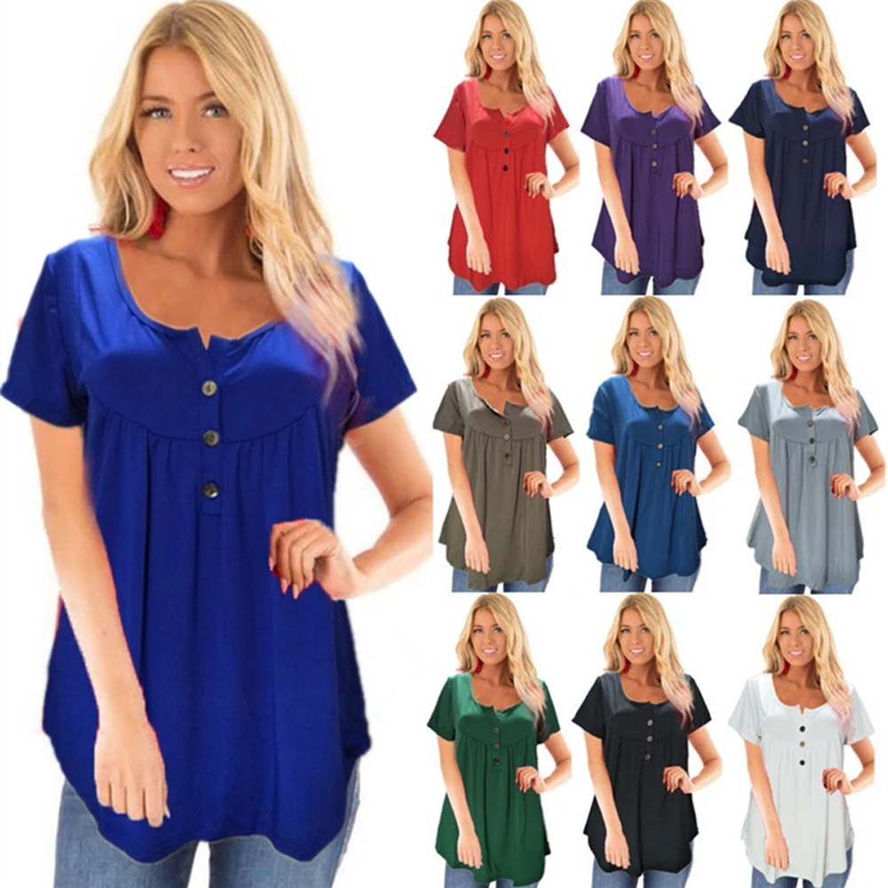 

Crinkle Chest Button Up Navy Blue T Shirt Summer Women Short Sleeve Loose Tee Shirt Tops WDC1962