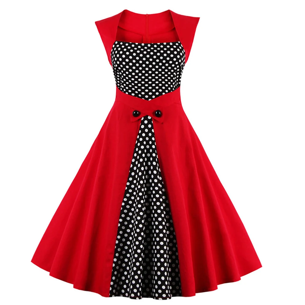 New Sexy 50s Dot Elegant Summer Dress Patchwork Retro Dress Vintage Dress for Women Casual Evening Party Sleeveless Rockabilly