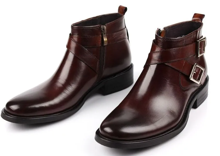 Большой Размеры Eur46 черный/коричневая обувь с двойной пряжкой мужские ботильоны из натуральной кожи; ботинки в деловом стиле мужские Туфли под платье