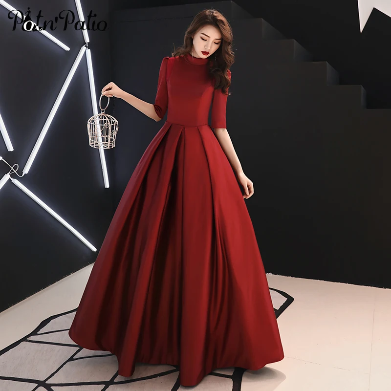 Elegant O-neck Ball Gown Evening Dresses Long 2019 Wine Red Satin Plus Size Muslim Formal Dresses For Women Elegant O-neck Ball Gown Evening Dresses Long 2019 Wine Red Satin Plus Size Muslim Formal Dresses For Women