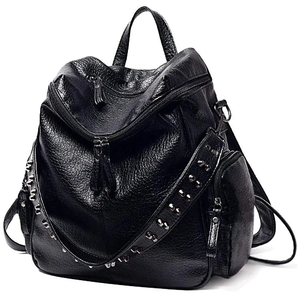 Женский рюкзак Кошелек 3 способа PU Помытый кожаный заклепки Шипованные дамы рюкзак сумка на плечо - Цвет: Black