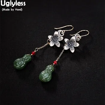 

Uglyless Vintage Handmade Thai Silver Flower Earrings Women Ethnic Gourd Earrings Natural Jasper Fine Jewelry Green Jade Bijoux