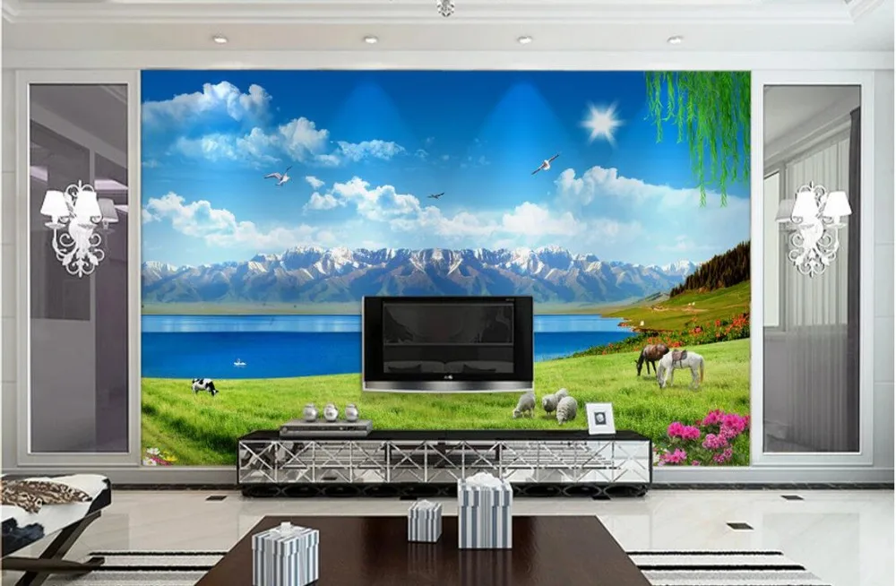 Пользовательские фото 3d обои нетканый настенные за окном пейзаж трава голубое небо 3d настенные фрески обои для гостиной