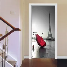 Romantic Scene Paris Tower Red Umbrella Square Door Sticker Waterproof Self Adhesive 3D PVC Door Sticker DIY Mural Imitation
