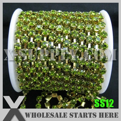 

Single Row 3mm SS12 Regular Crystal Rhinestone Chain, Garment Accessories, Olivine Rhinestone in Gold Base, X11212