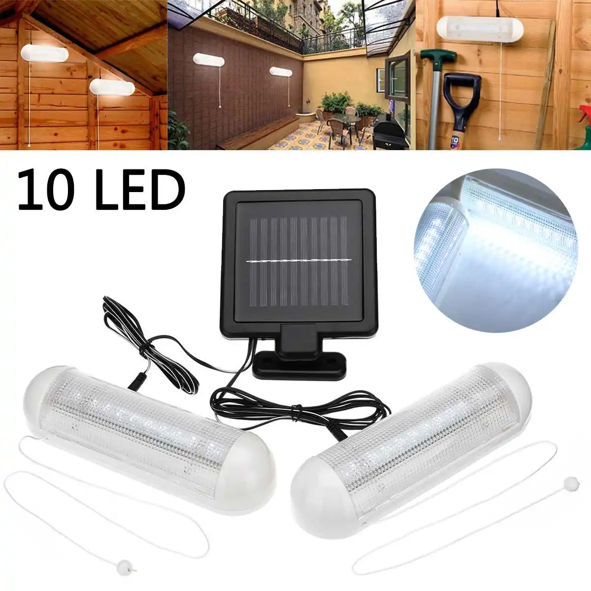 

1Set LED Solar Shed Light Garden Yard Wall-mounted Lamp Waterproof 1 Panel + 2 Lights Outdoor 10 LED Pull Lamp Light