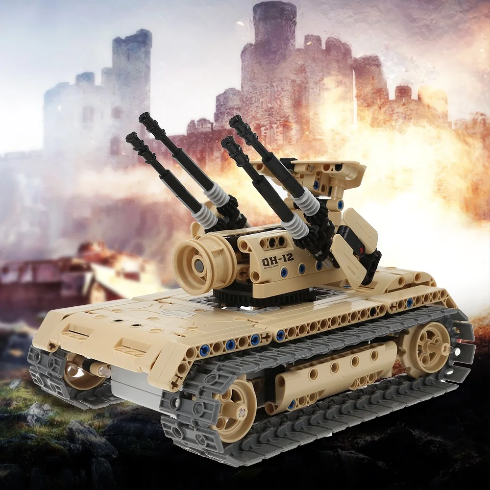

8012 457pcs Technic Military Remote Control RC Self-propelled Anti-aircraft Gun Tank 360 Rotate USB Building Block Brick Toy