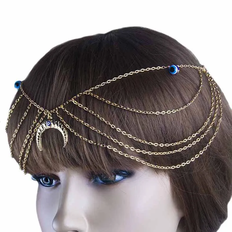 Hot Sale Women Forehead Jewelry Crescent Moon Head Chain Blue Evil Eye