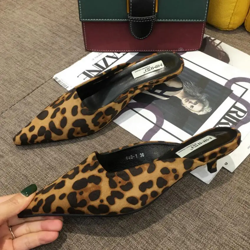 

European designer leopard slippers women pointed toe slides mules shoes kitten heels brown leopard print summer shoes woman134