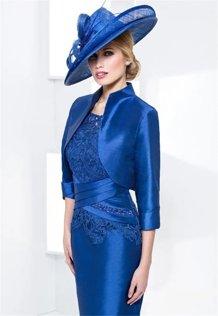 High Collar Mother Of The Bride Dresses With Jacket Knee Length Royal Blue Criss Cross Waist