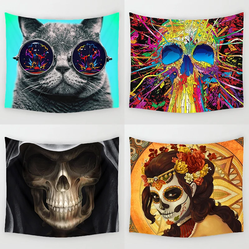 

Psychedelic Cat Tapestry Polyester Fabric Sugar Skull Paisley Steampunk Skull Wall Hanging Decor Curtains Plus Table Cover