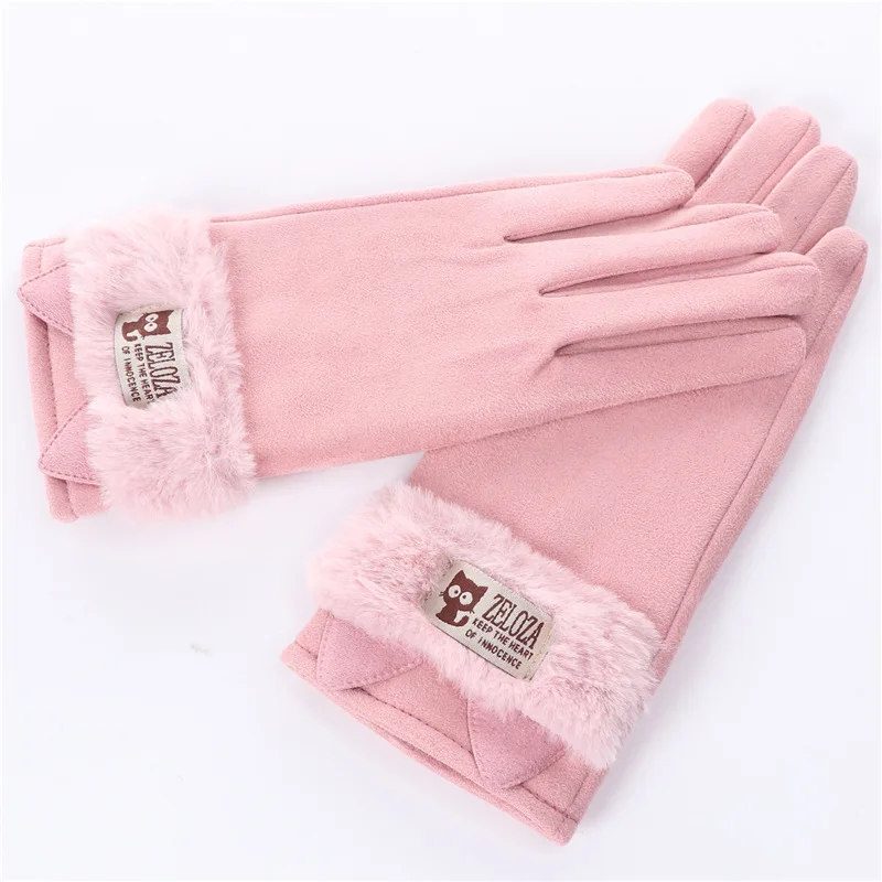 Touch screen gloves ladies winter warm suede leather mittens lovely rabbit cat ears plus velvet thickening driving gloves D33