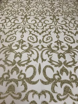 

embroidery glued glitter gold color J-62514 african tulle mesh fabric with shinny glitter sequins glued for party dress