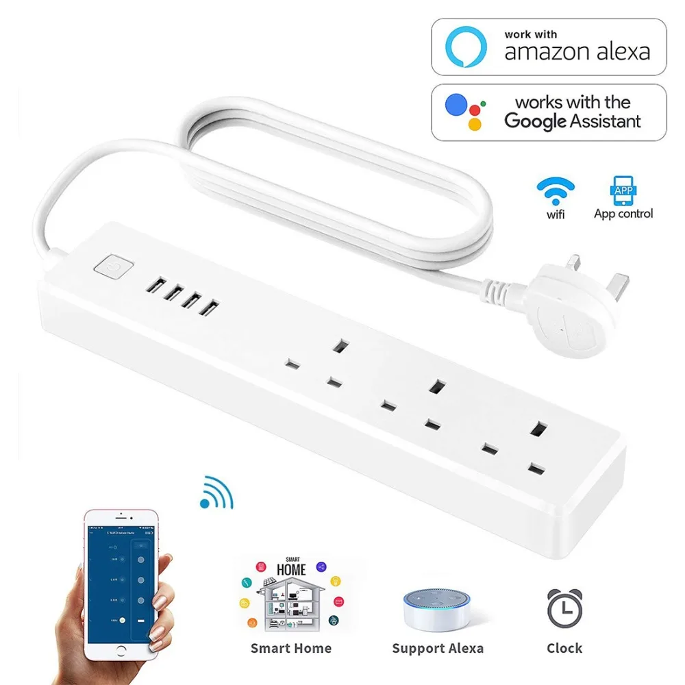 

WiFi Smart Power Strip Compatible Alexa Echo and Google Home Voice Contorl APP Contorl Timing function Smart socket UK Plug 4USB