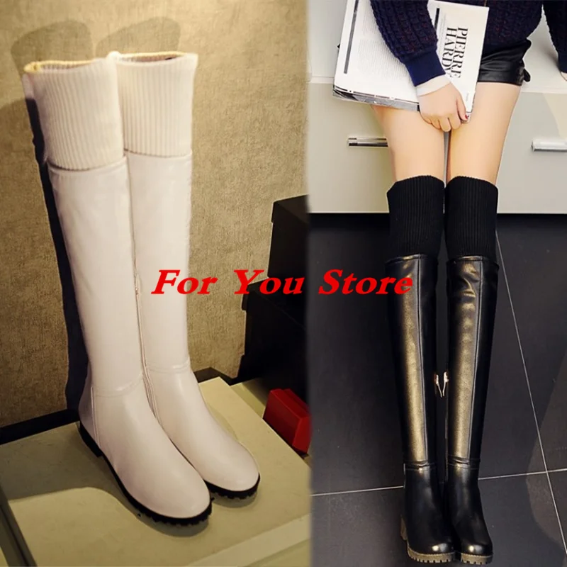 Luxury Brand Round Toe Long Booties Leather Shoes Sock Knee High Women Boots Low Heel Winter Warm Dress Party Wedding Zip Shoes Luxury Brand Round Toe Long Booties Leather Shoes Sock Knee High Women Boots Low Heel Winter Warm Dress Party Wedding Zip Shoes