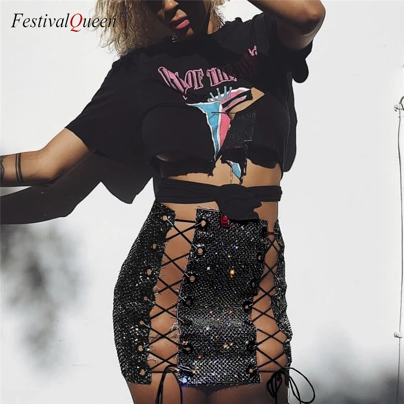 

FestivalQueen High Waist Lace Up Mini Skirt Women Bodycon Package Hip Sequin Hot Skirts Saia