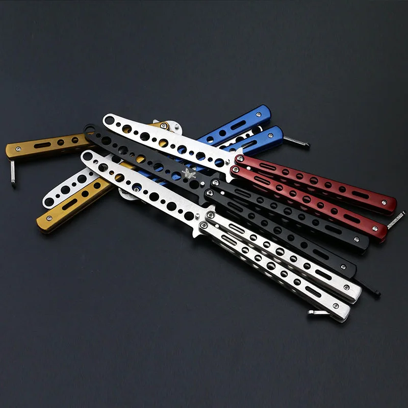 Negro de plata de acero inoxidable práctica mariposa en cuchillo Formación Cuchillo plegable herramienta al aire libre Camping cuchillo de auto-defensa cuchillo