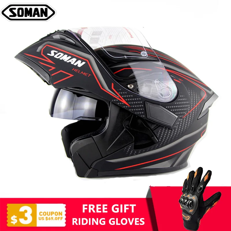 

Motorcycle Helmet Full Face Moto Casco Motor Flip up Motorbike Capacetes Street Double Visors Racing Kask SOMAN 955