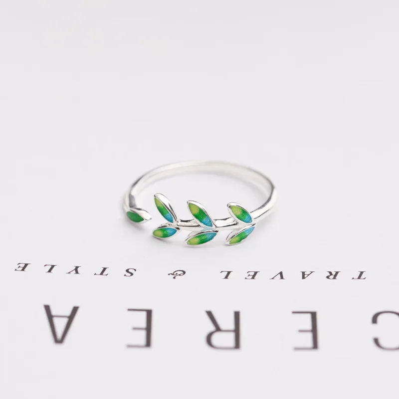 bud green leaf drop glaze ring 100% 925 Sterling silver Jewelry Genuine Vintage Adjustable rings for women gift free size