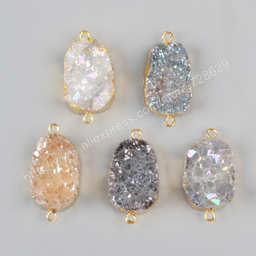 

BOROSA Gold Color Natural Crystal Quartz Titanium Mix Color Druzy Geode Connector Double Bails for bracelet gems jewelry G1036