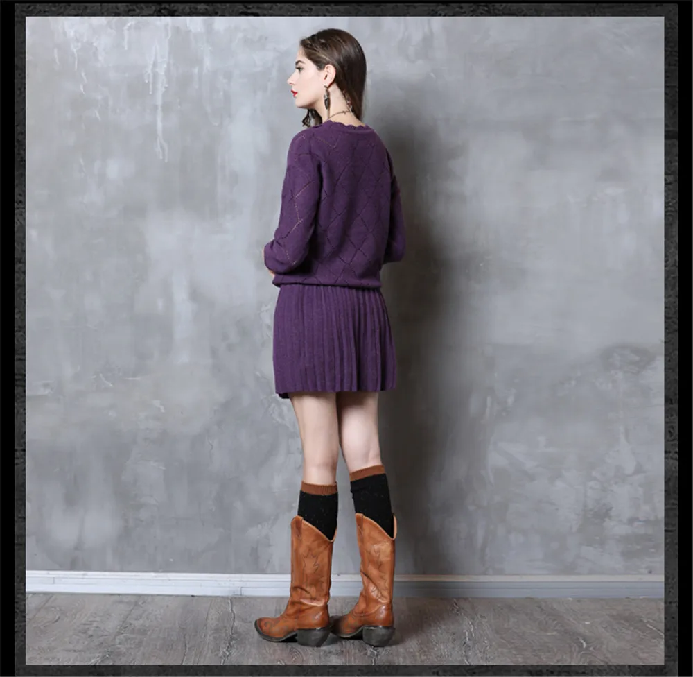 Vintage Winter Sweater Dress 2018 Cotton Wool Floral Knitting Dresses Female O-Neck Long Sleeve Pleated Sweater Dress Vestidos (24)