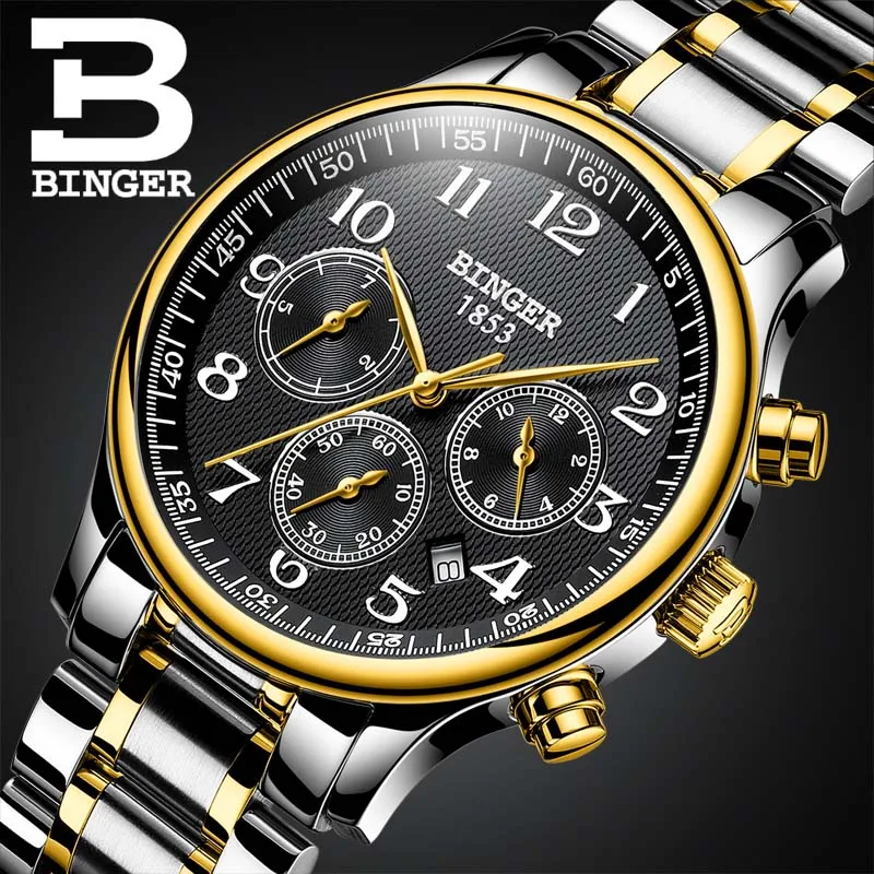 Watches Men Luxury Brand BINGER Automatic Mechanical Watch Waterproof Calendar Leather Wristwatch relogio masculino - Цвет: 16