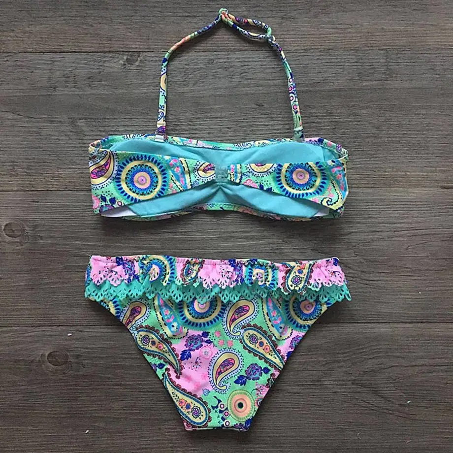 7-14 Years Print Baby Girl Bikini Children Two Piece Swimsuit Kids Infant Girl Swim Wear Hollow Out Toddler Girl Bathing Suits