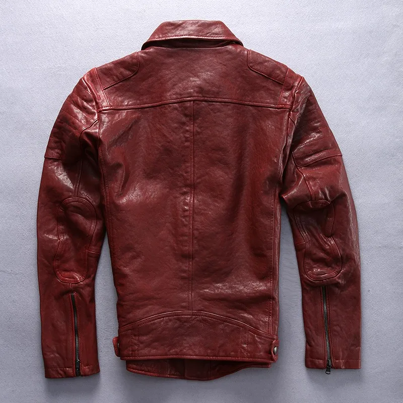 Мужская приталенная мотоциклетная куртка красного, черного цвета с отворотом из овечьей кожи, Мужская модная байкерская куртка