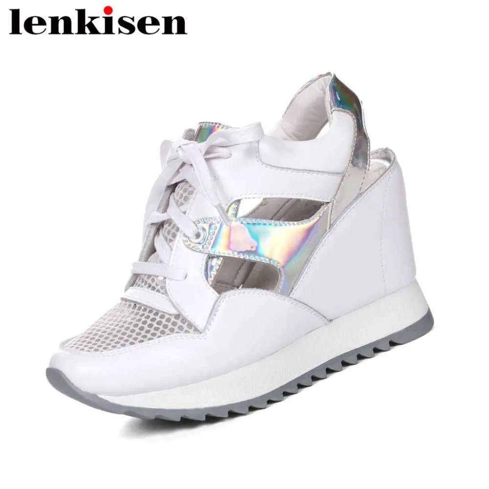 

Lenkisen full grain leather round toe lace up platform casual shoes high thick bottom simple air mesh women vulcanized shoes L89