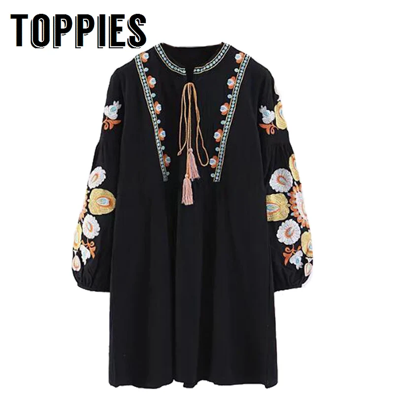

2019 Autumn Women Embroidery Bohemian Dress Lantern Sleeve Loose Mini Dresses Beach Holiday Wear