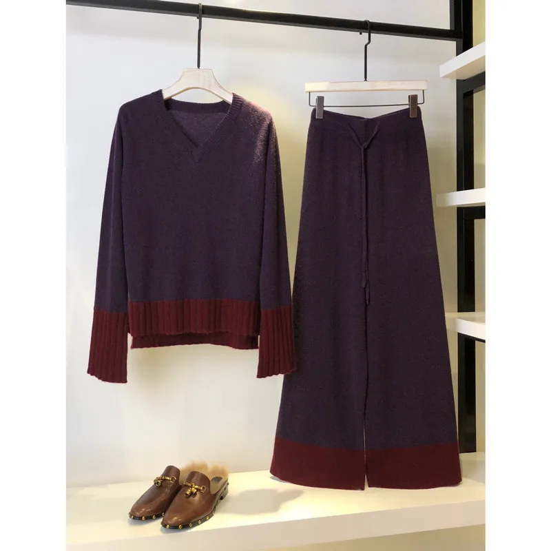 Женский кашемировый вязаный костюм свитер с V образным вырезом и широкие брюки