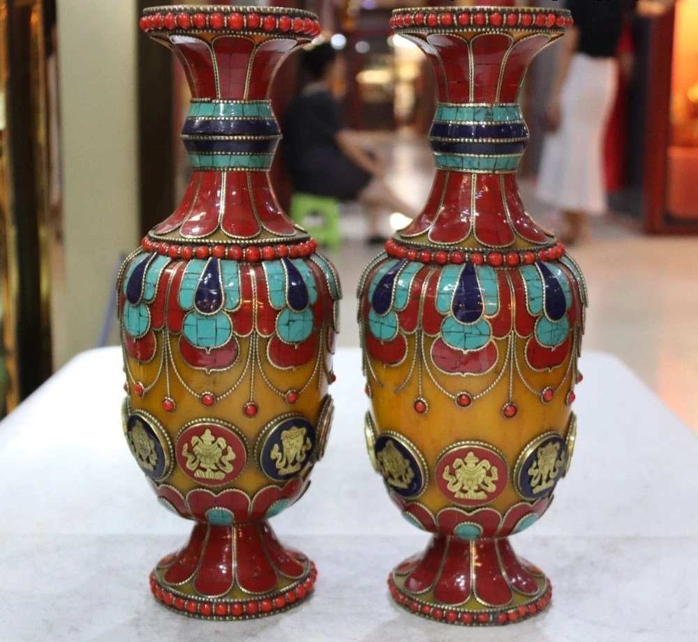 

13 Tibet Copper Inlay Turquoise Coral Beeswax Eight Treasures Pot Vase A Pair